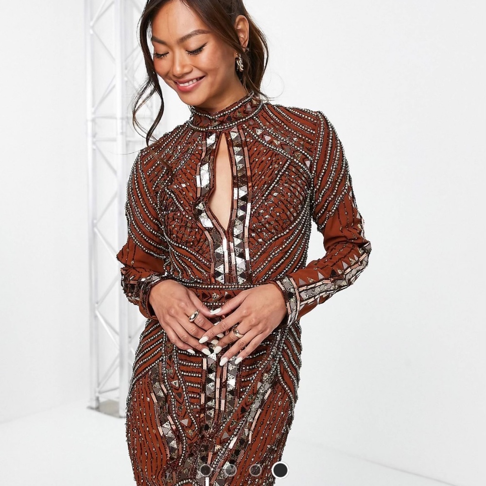 ASOS Rust Embellished Long Sleeve Midi Dress